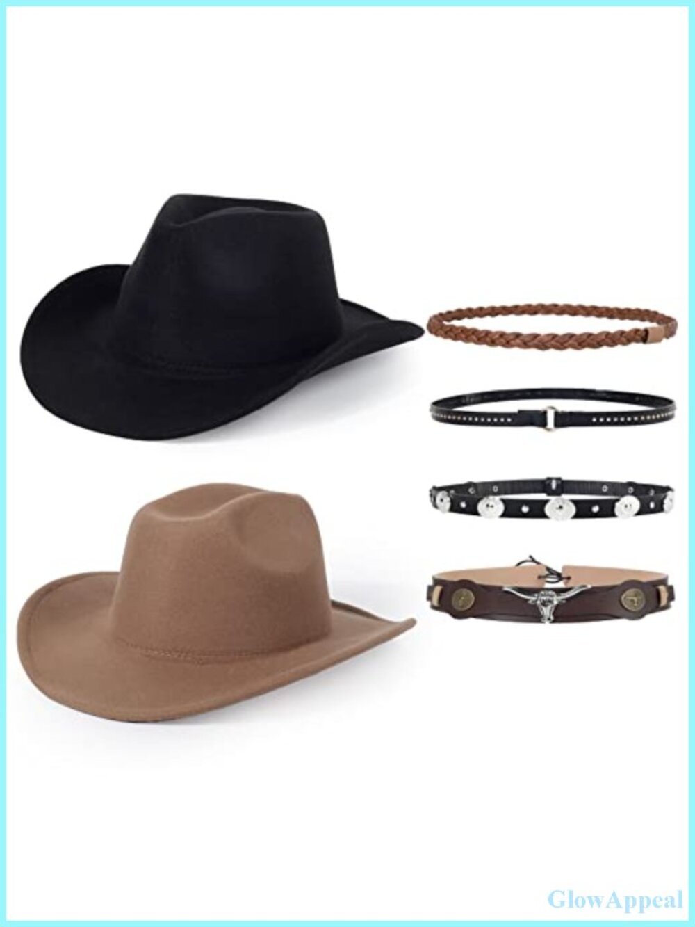 2 Pack Western Cowboy Hats with 4 Hat Bands Cotton Polyester Unisex